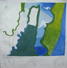 Hluhluwe, National Park in green and blue, Acrylique sur carte topographique, 73X77 cm
